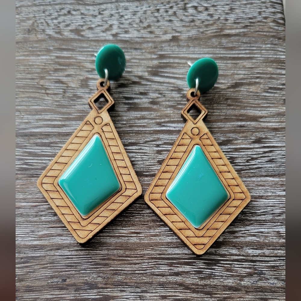 Handmade Geometric Wooden Turquoise Earrings